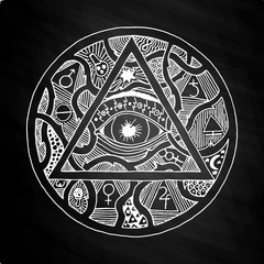 All seeing eye pyramid symbol design on chalkboard