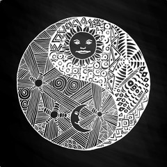 Yin yang doodle, zentangl, moon at night on chalkboard