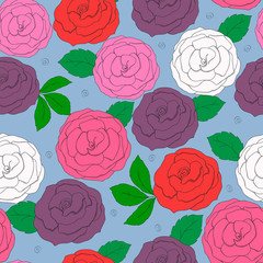 Seamless pattern with hand-drawn roses. Airy Blue background