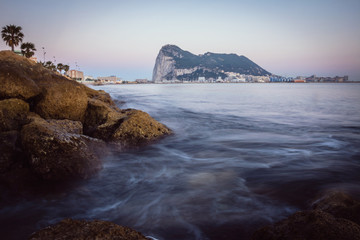 The Rock of Gibraltar at dusk seen from la Linea dela Concepcion, South spain