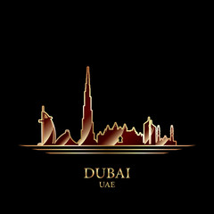 Gold silhouette of Dubai on black background
