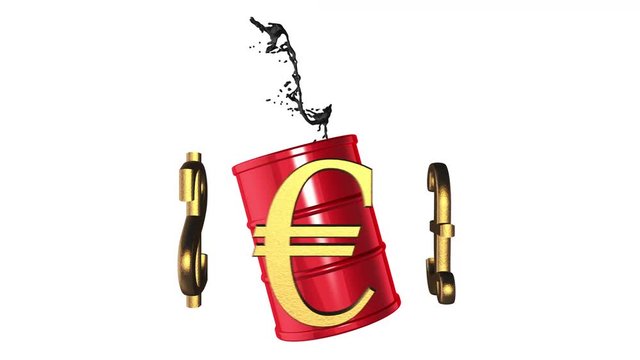 Looped animated background: 3d world golden currencies rotate around the red barrel of petroleum with black oil splash and drops of oil on the white background. 4k. Seamless loop. Alpha matte.