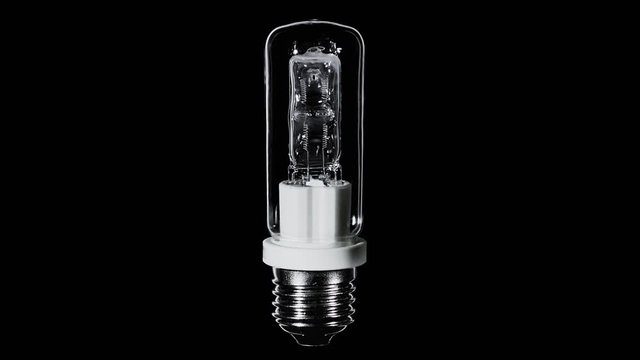 Halogen light bulb blinks over black background, macro view