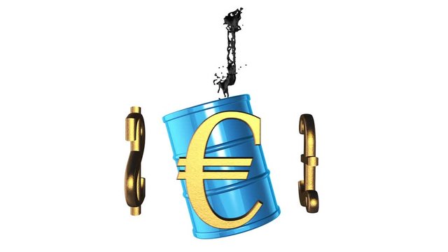 Looped animated background: 3d world golden currencies rotate around the blue barrel of petroleum with black oil splash and drops of oil on the white background. 4k. Seamless loop. Alpha matte.