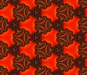 Trendy seamless ornamental pattern of fractal shapes in red, orange, yellow and black shades