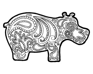 Hippo zen tangle. Animal zen doodle. Coloring book zenart. Zentangle hippopotamus.