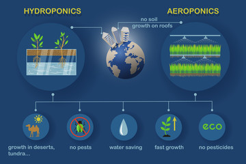 Aeroponic and hydroponic growing systems with Earth planet. Colored vector infographics