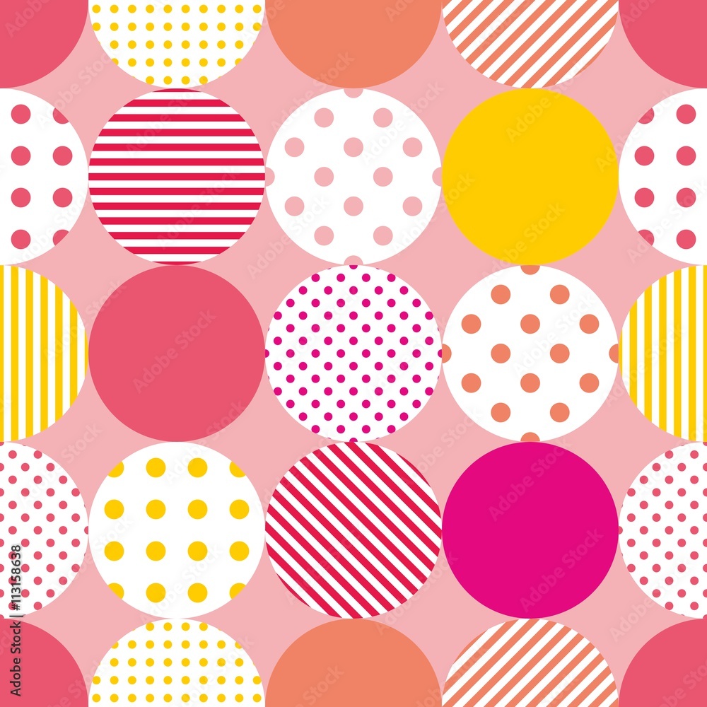 Poster tile patchwork vector pattern with polka dots on pastel pink background
