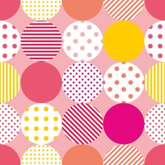 Tile patchwork vector pattern with polka dots on pastel pink background