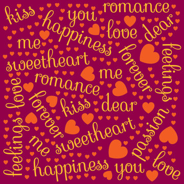 Valentine' Day background with romantic words of yellow color and orange heart shapes on purple background
