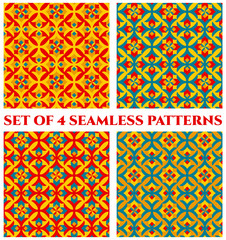 Collection of 4 festive decorative seamless patterns with geometric ornament of blue, red, orange and yellow shades