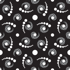 Modern ornamental seamless pattern with circle and twirl elements of black, grey and white shades