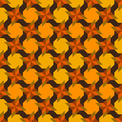 Stylish decorative seamless pattern with different geometrical shapes of yellow, orange, green and brown shades