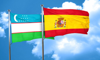 Uzbekistan flag with Spain flag, 3D rendering