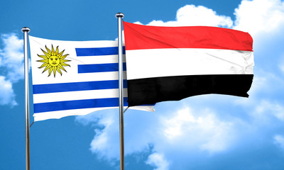 Uruguay flag with Yemen flag, 3D rendering