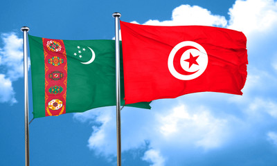 Turkmenistan flag with Tunisia flag, 3D rendering