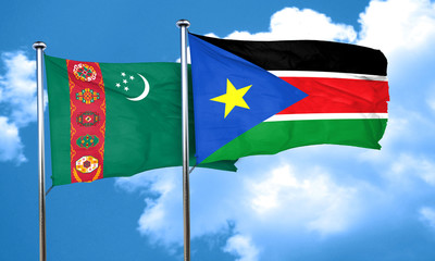 Turkmenistan flag with South Sudan flag, 3D rendering