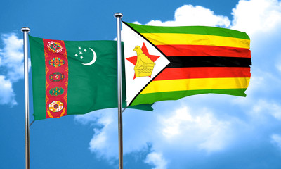 Turkmenistan flag with Zimbabwe flag, 3D rendering