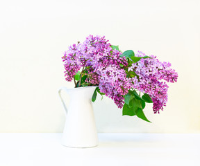 branch of lilac in a vase on white background with shadow