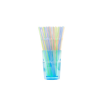 empty blue water glass with two straws isolated on white background