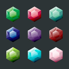 Set of hexagon different color crystals,gemstones,gems,diamonds vector gui assets collection for game design.