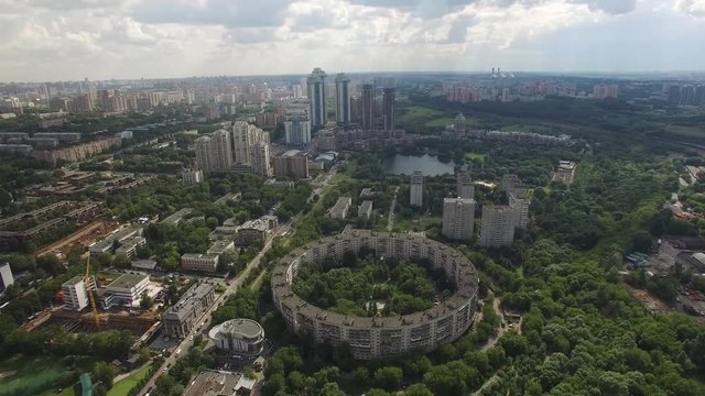 Circle round residential Building Olympic ring. Moscow city Russia. From above view.