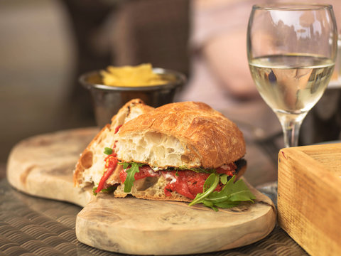 Vegetarian Italian Style Red Pepper Ciabatta Sandwich with Wine