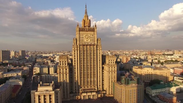 The ministry of foreign affairs of the Russian Federation MID. Moscow city center flight. Unique aerial close view. Stalin high rise building. Arbat street, Garden ring traffic. UltraHD 4K.