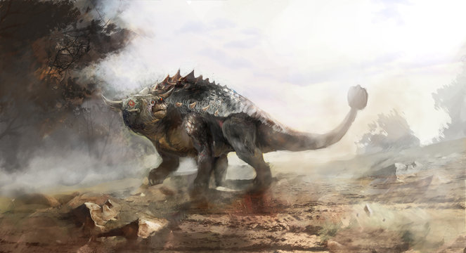ankylosaurs swinging his tale on field 