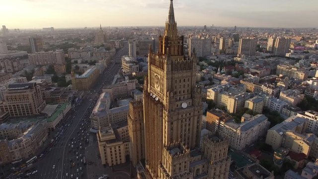 The ministry of foreign affairs of the Russian Federation MID. Moscow city center flight. Unique aerial close view. Stalin high rise building. Arbat street, Garden ring traffic. UltraHD 4K.