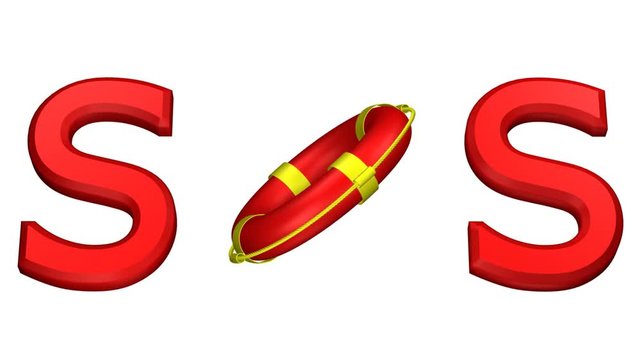 Concept: word SOS with turning lifebuoy. Loopable. Alpha channel. 3D rendering.