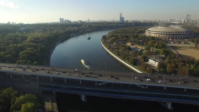 Luzhniki Stadium Olympic Complex Moscow city. Construction. Moscow river. Drone Aerial view. World Cup.