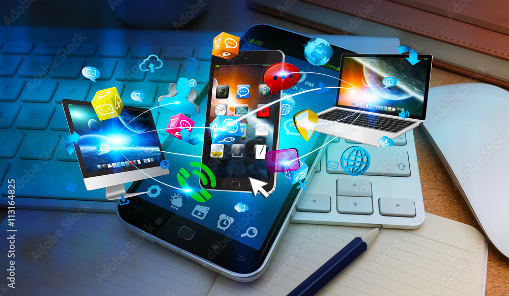 Poster Tech devices connected to each other by mobile phone