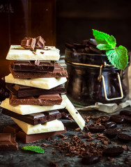 Chocolate / Chocolate bar / chocolate background/chocolate tower and strawberry.