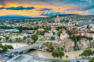 Evening View Of Tbilisi At Colorful Sunset. Georgia. Summer City