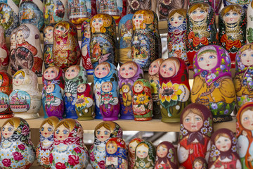 Very large selection of matryoshkas Russian souvenirs at the gift shop in Moscow