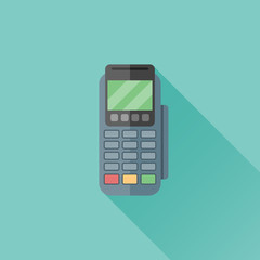 Pos terminal flat icon with long shadow on teal background. Pos machine payment vector illustration.