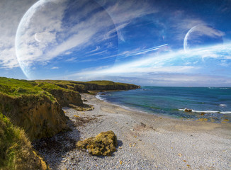 View of distant planet system from cliffs