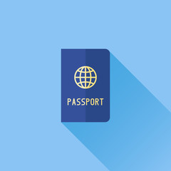 Passport flat icon with long shadow on blue background. Vector illustration.