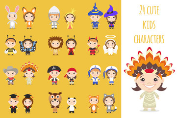 Set of different colorful cartoon kids characters in different costumes