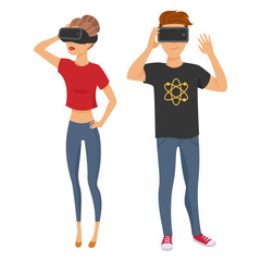 Illustration of cartoon characters with virtual reality glasses