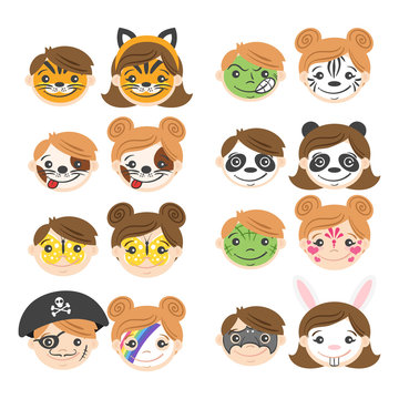 Vector illustration of kids faces. Face painting for kids.