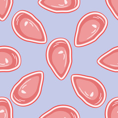 Seamless pattern with fresh piece of meat or steak on blue background. Vector texture.