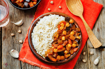 Eggplant and tomato chickpea curry with rice