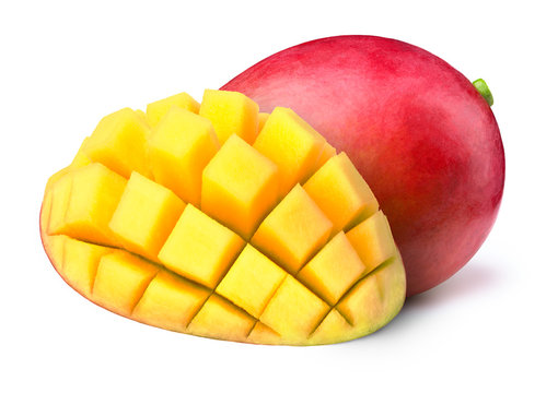Mango with half sliced to cubes isolated on white background, with clipping path