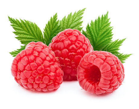 Three ripe raspberries with green leaf isolated on white background with clipping path