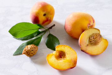 Fototapeta na wymiar Harvest fresh ripe peaches in a wicker basket on a gray stone ba