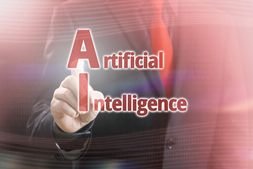 Fototapeta na wymiar Businessman Pointing Artificial Intelligence text in a Red Concept Image