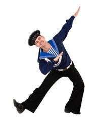 young dancer dressed as a sailor posing on an isolated white background