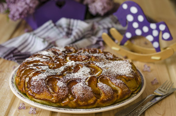 Cake with apples and caramel for breakfast  